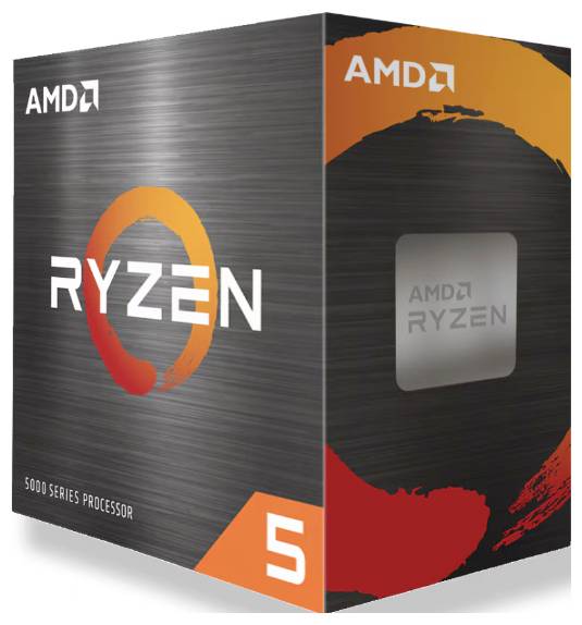Produktový obal procesoru AMD Ryzen 5 řady 5000 s černým a oranžovým designem a logem AMD.