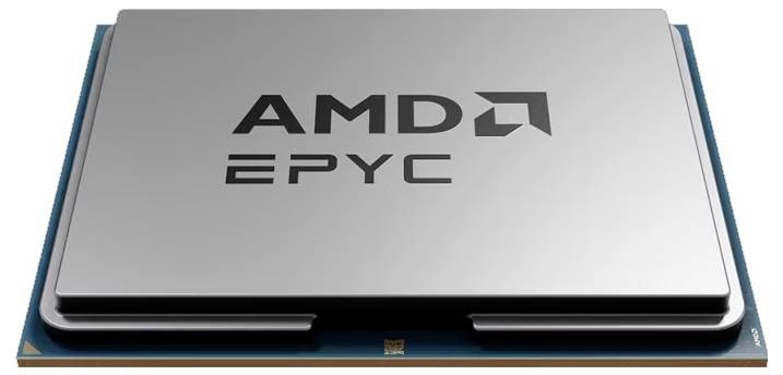 Procesor AMD EPYC, stříbrný povrch, černý text, na modré základní desce.