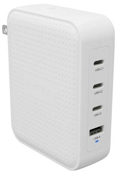 Bílá USB nabíječka se čtyřmi porty: třemi USB-C a jedním USB-A. Vhodná pro současné nabíjení několika zařízení.