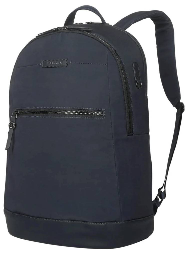 Černý, elegantní batoh s kapsami na zip a polstrovanými popruhy, ideální do školy nebo do práce.