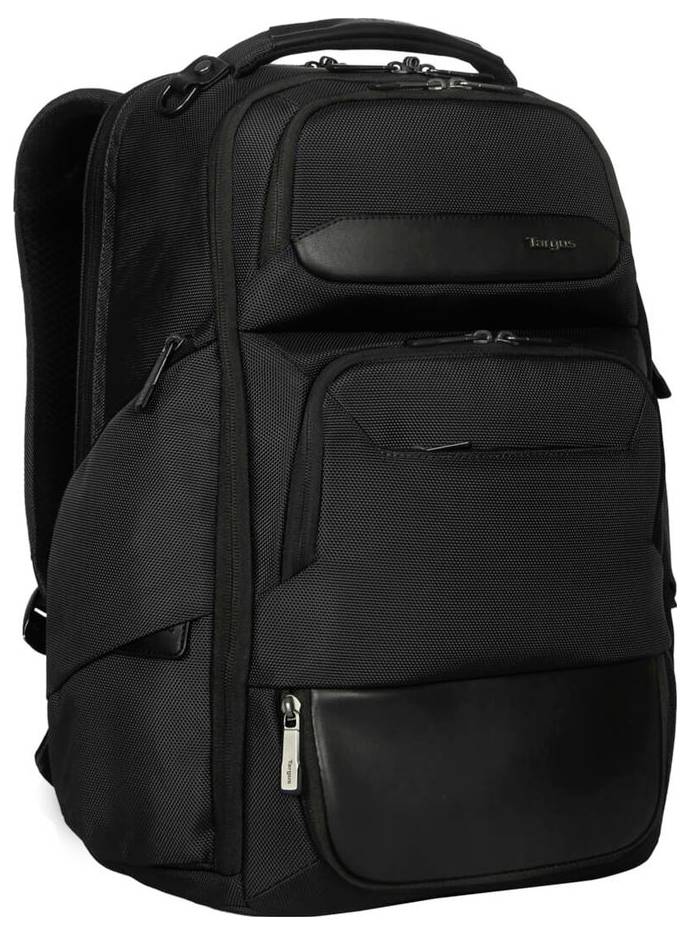 Velký černý batoh s několika zipovými kapsami a ergonomickými popruhy, vhodný pro cestování i každodenní použití.