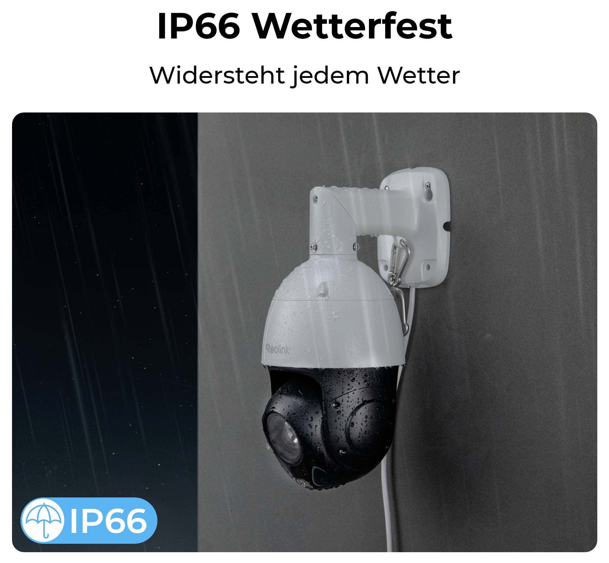 Bezpečnostní kamera 'IP66 Odolná vůči povětrnostním vlivům' namontovaná na zdi, navržená odolat všem povětrnostním podmínkám.