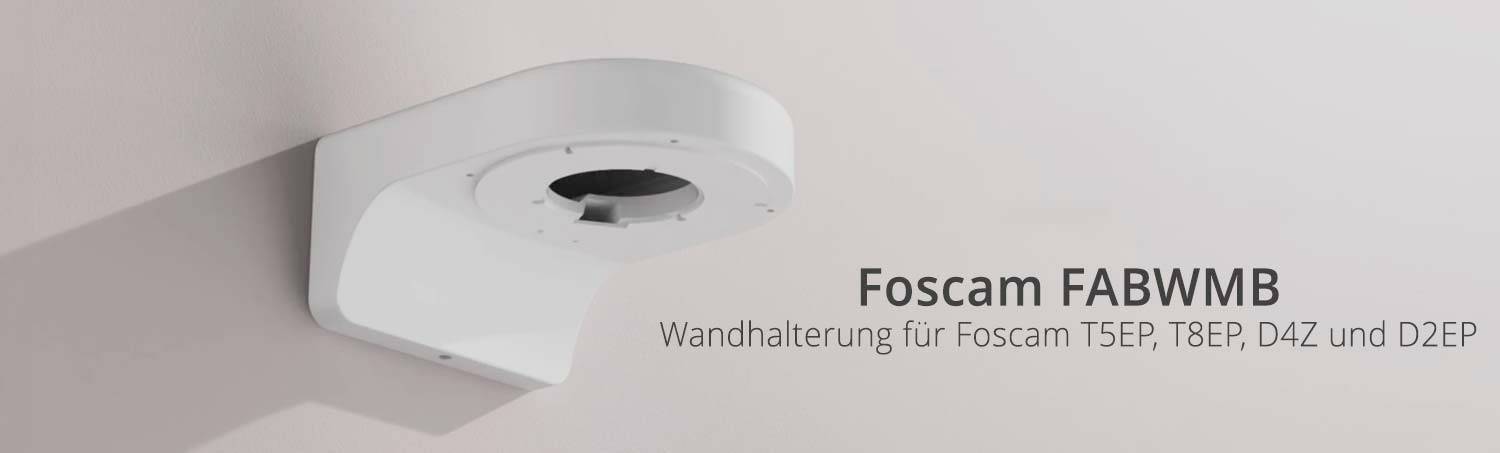 Bílý nástěnný držák pro kamery Foscam, model FABWMB. Kompatibilní s modely Foscam T5EP, T8EP, D4Z a D2EP, namontovaný na růžové stěně.