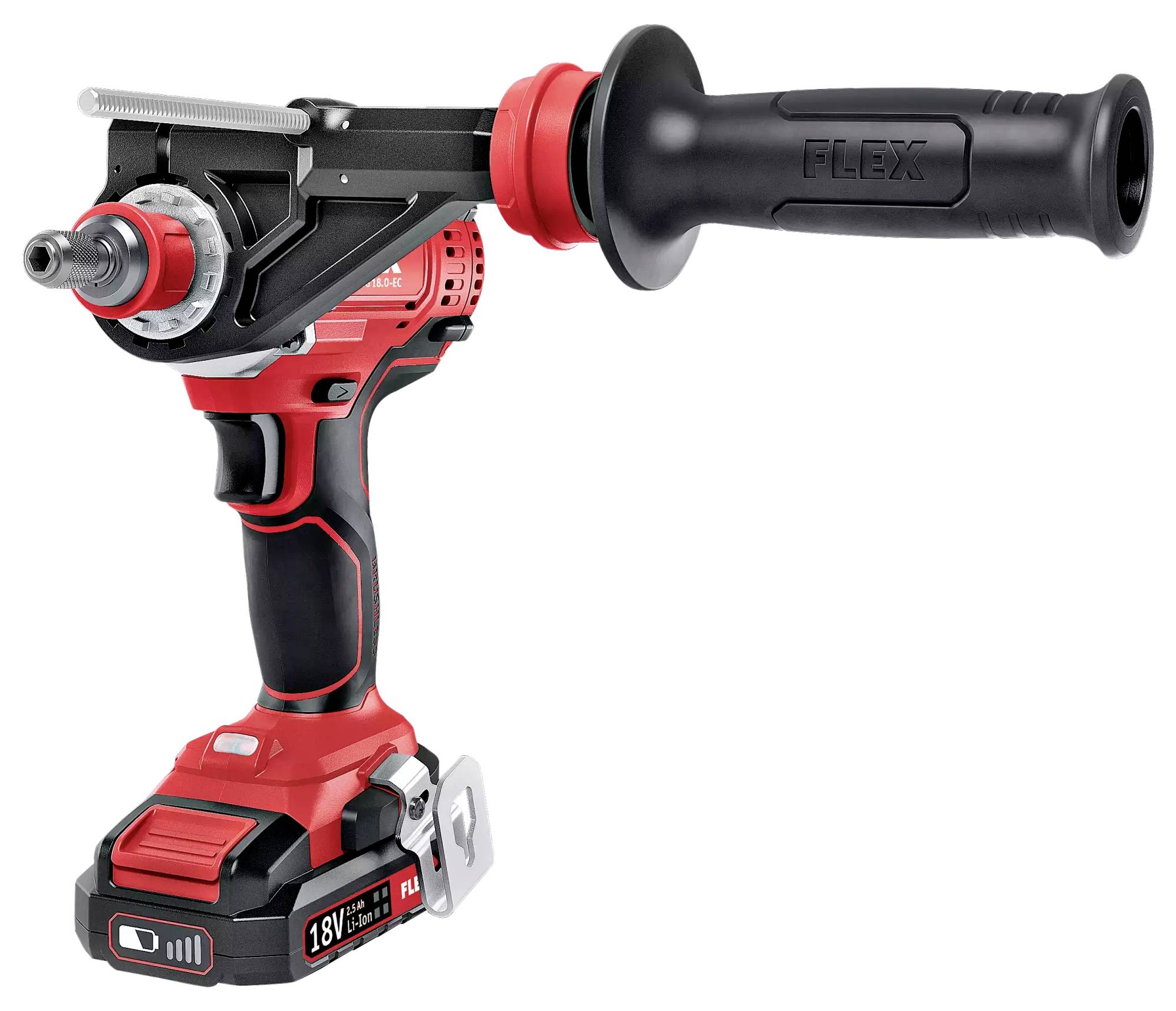 Červený akumulátorový vrtací šroubovák značky Flex s bočním držadlem a 18V baterií, vhodný pro řemeslné práce.