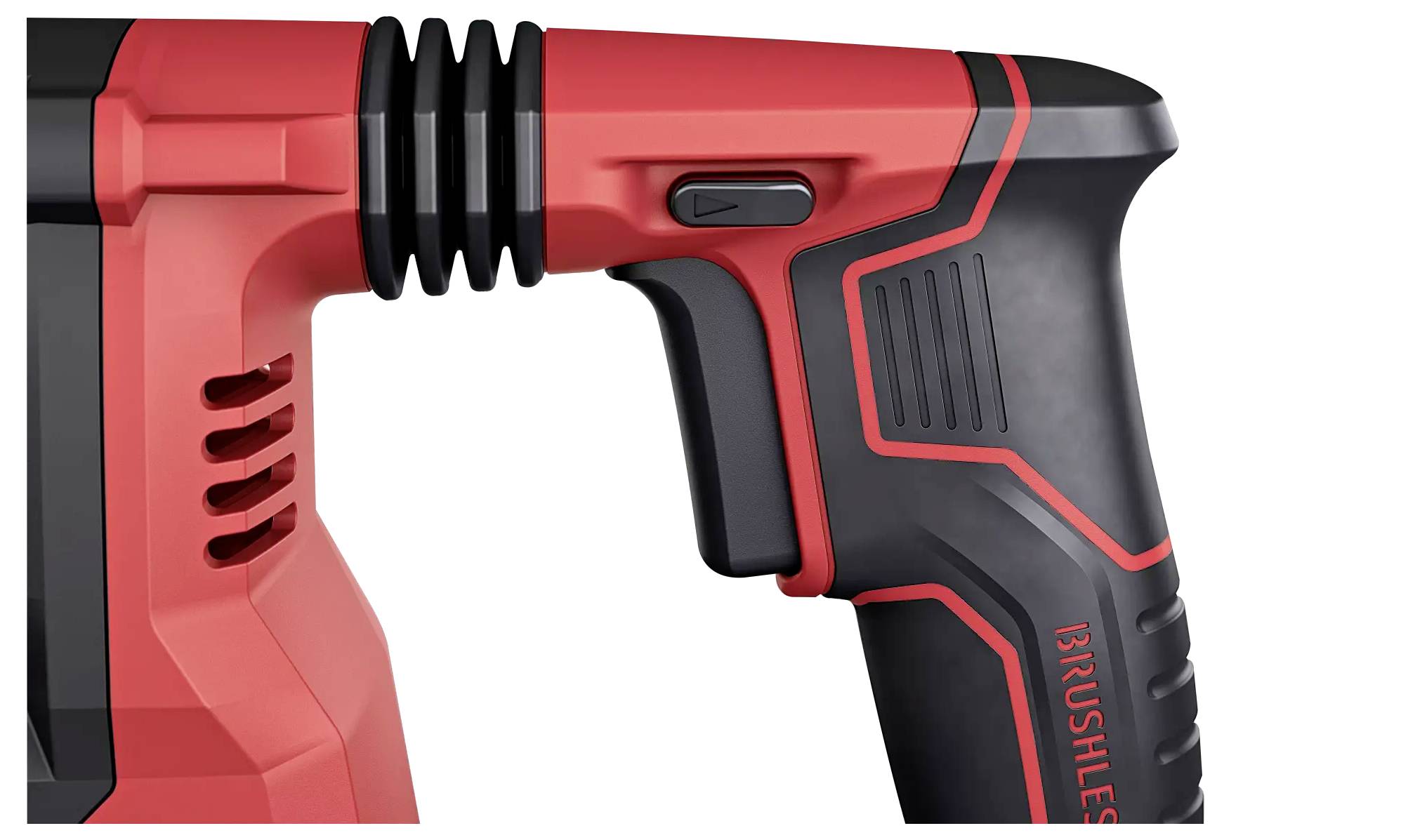Červená a černá rukojeť elektického nástroje s nápisem 'BRUSHLESS' ukazuje jeho robustní konstrukční provedení a ergonomický tvar.