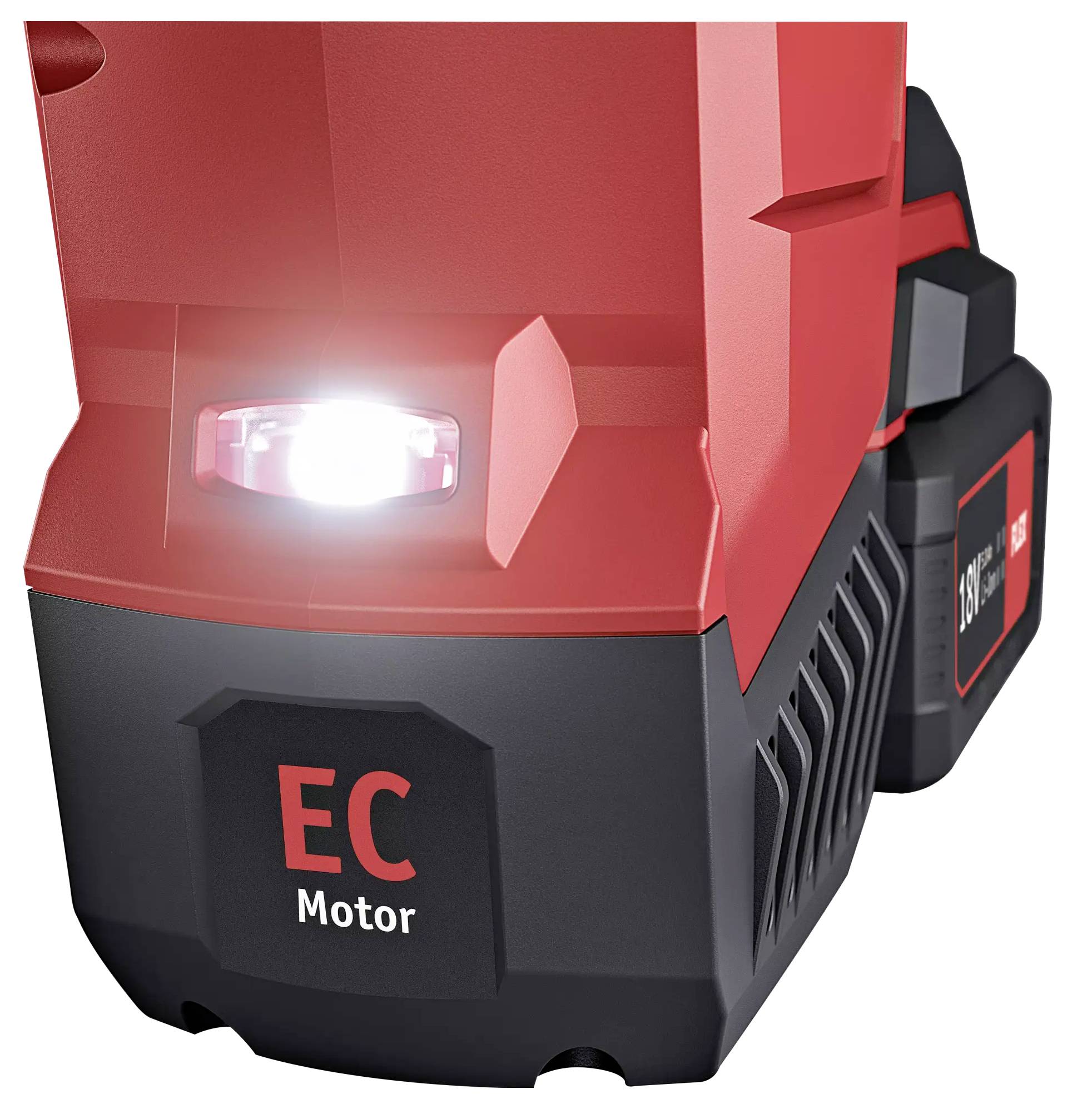 Detailní záběr červeno-černého elektrického nářadí s osvětleným LED světlem a nápisem 'EC Motor'.