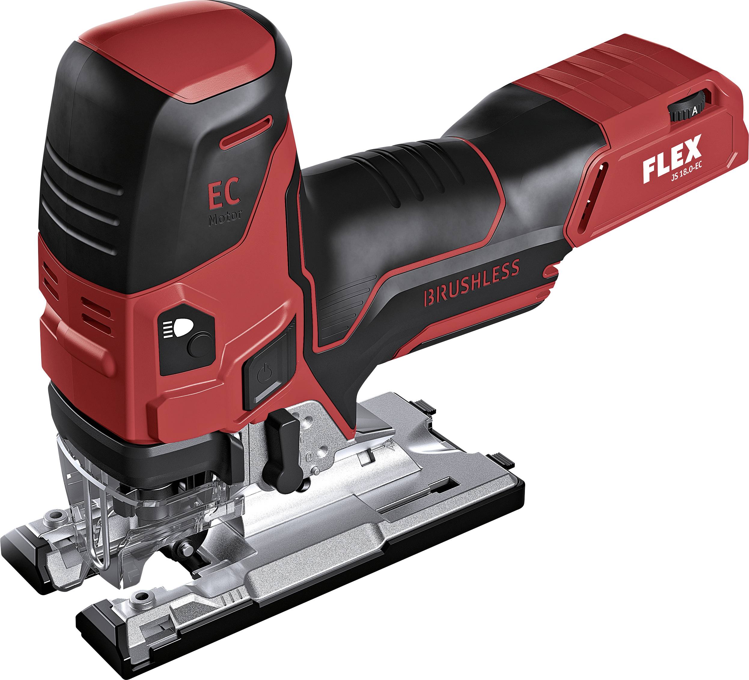 Červená a černá přímočará pila se štítkem 'FLEX' na boku. Má ergonomickou rukojeť a kovovou základnu.