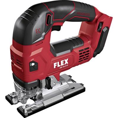 Červená přímočará pila s ergonomickou rukojetí a černým akcentem. Název modelu 'FLEX JSB 18.0-EC' je uveden na boku.