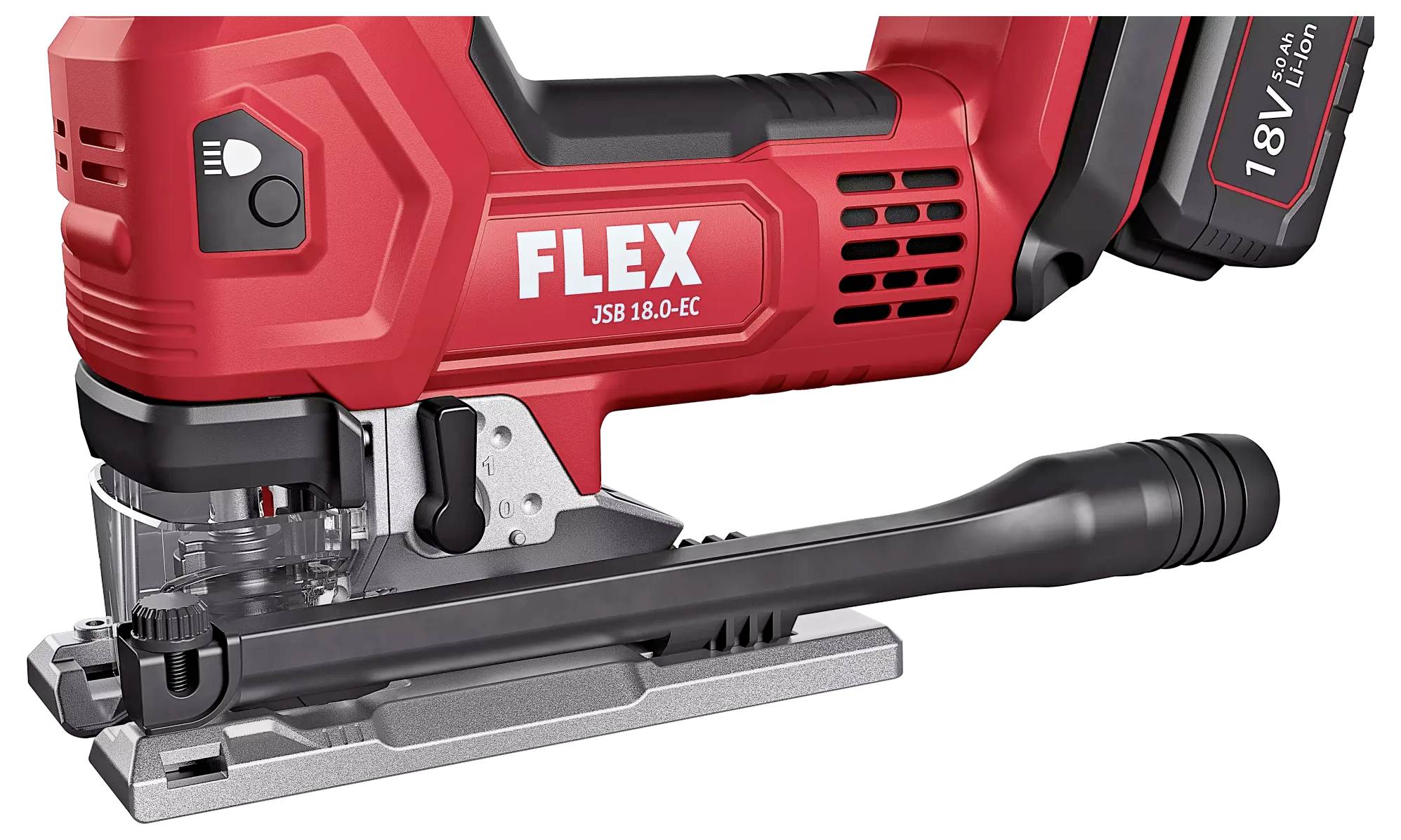 Červená akumulátorová přímočará pila značky 'FLEX' s 18V lithium-iontovou baterií.