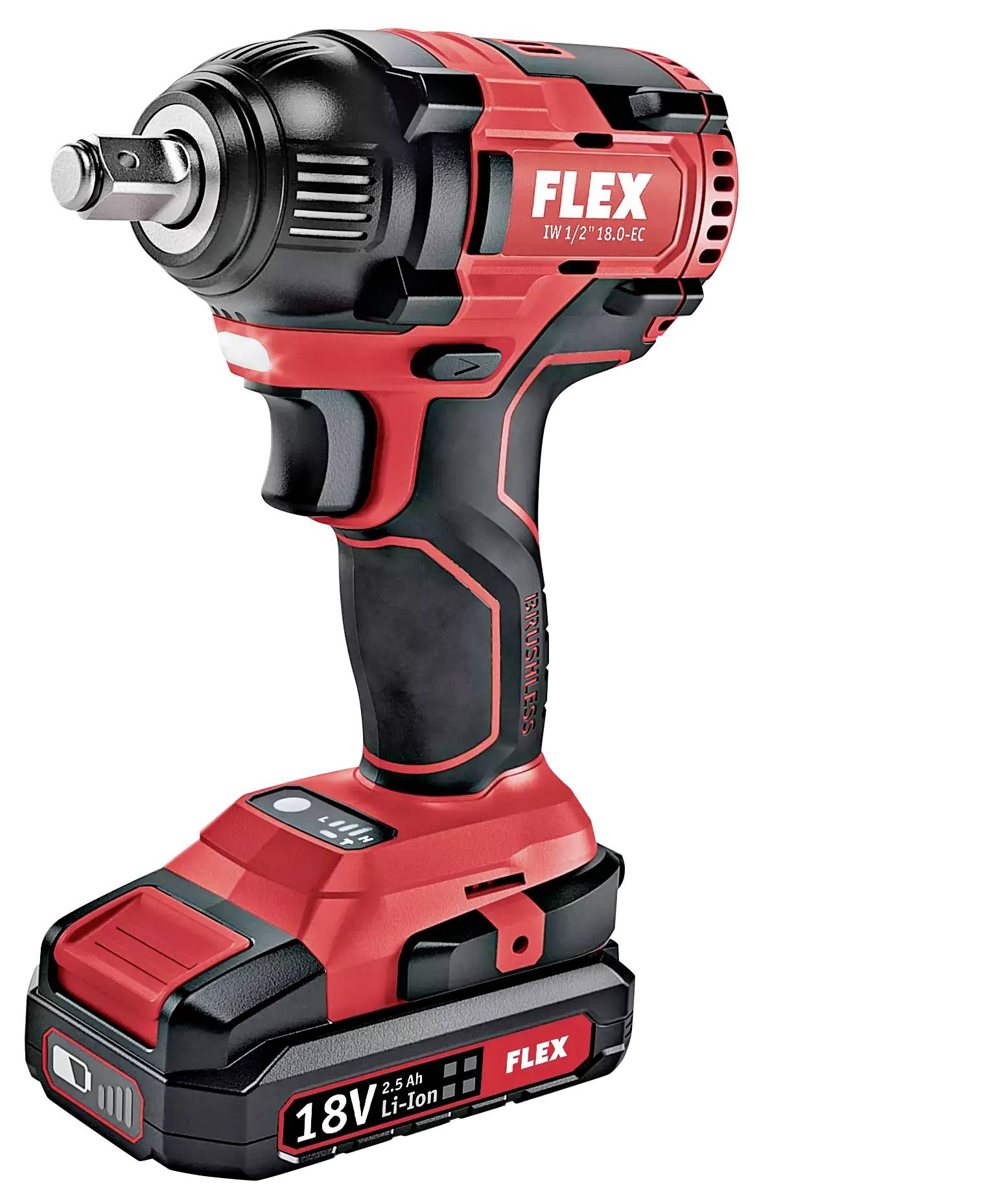 Aku šroubovák FLEX 18V, černočervený, s ergonomickou rukojetí a indikátorem stavu baterie. Vhodný pro domácí kutily i profesionály.