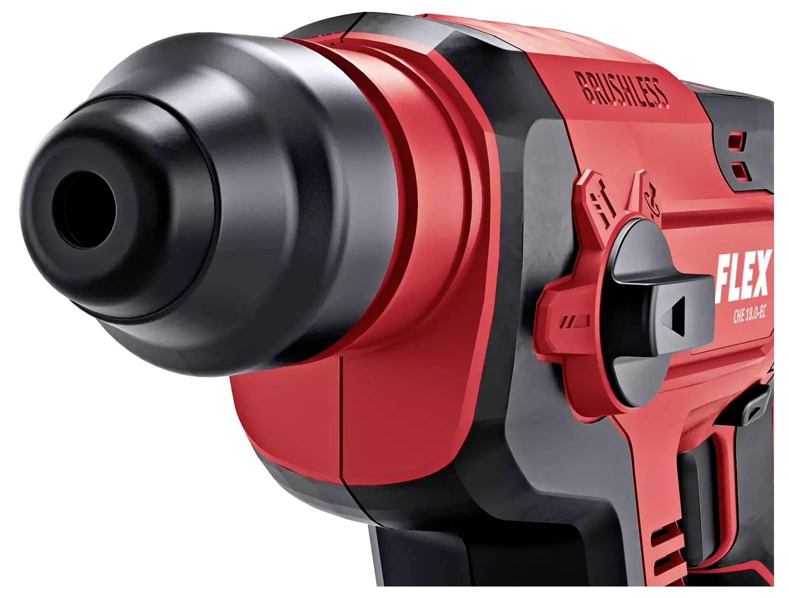 Červený a černý bezdrátový příklepový vrtací kladiv, označený 'Brushless', nabízí vysoký výkon a efektivitu.