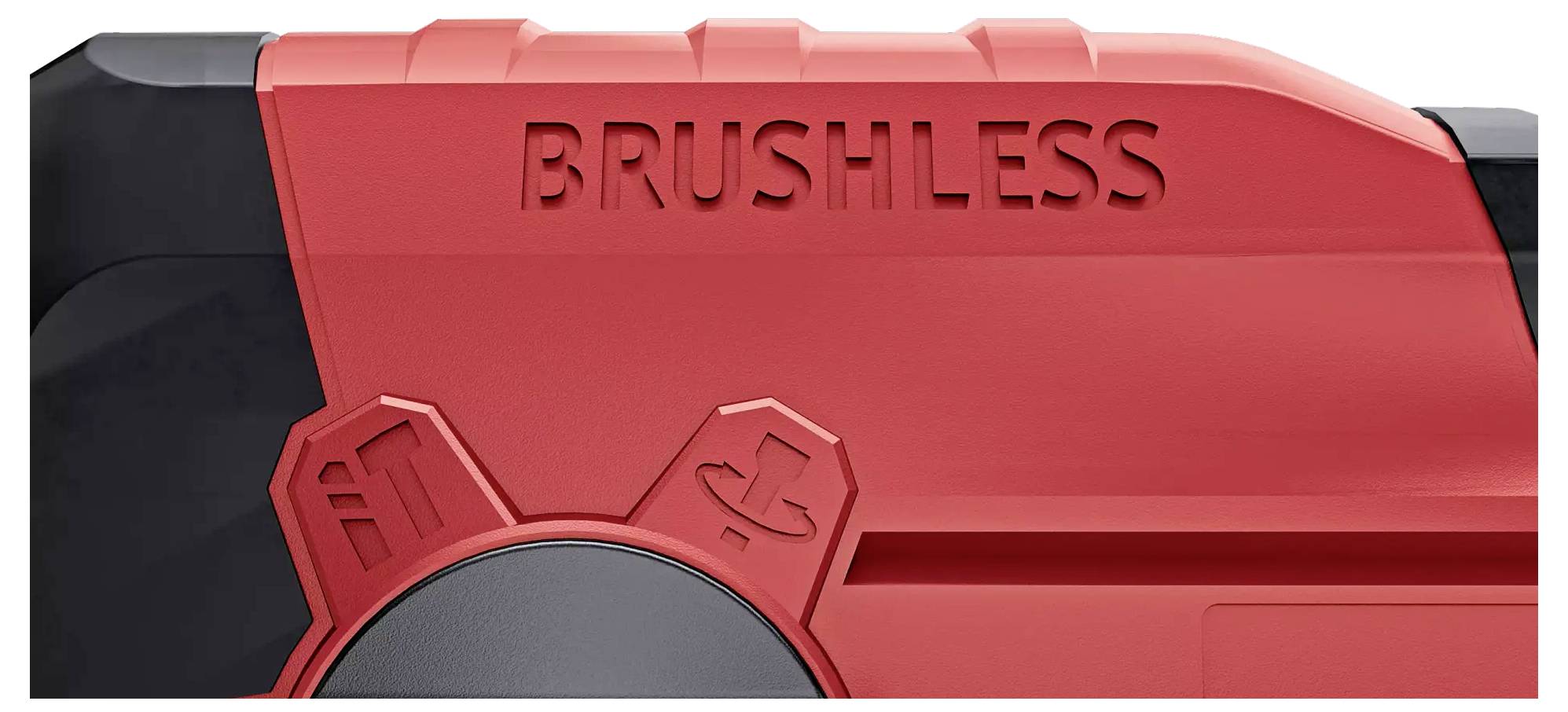 Výřez červeného krytu elektromotoru s nápisem 'BRUSHLESS' a třemi symboly na levé straně.