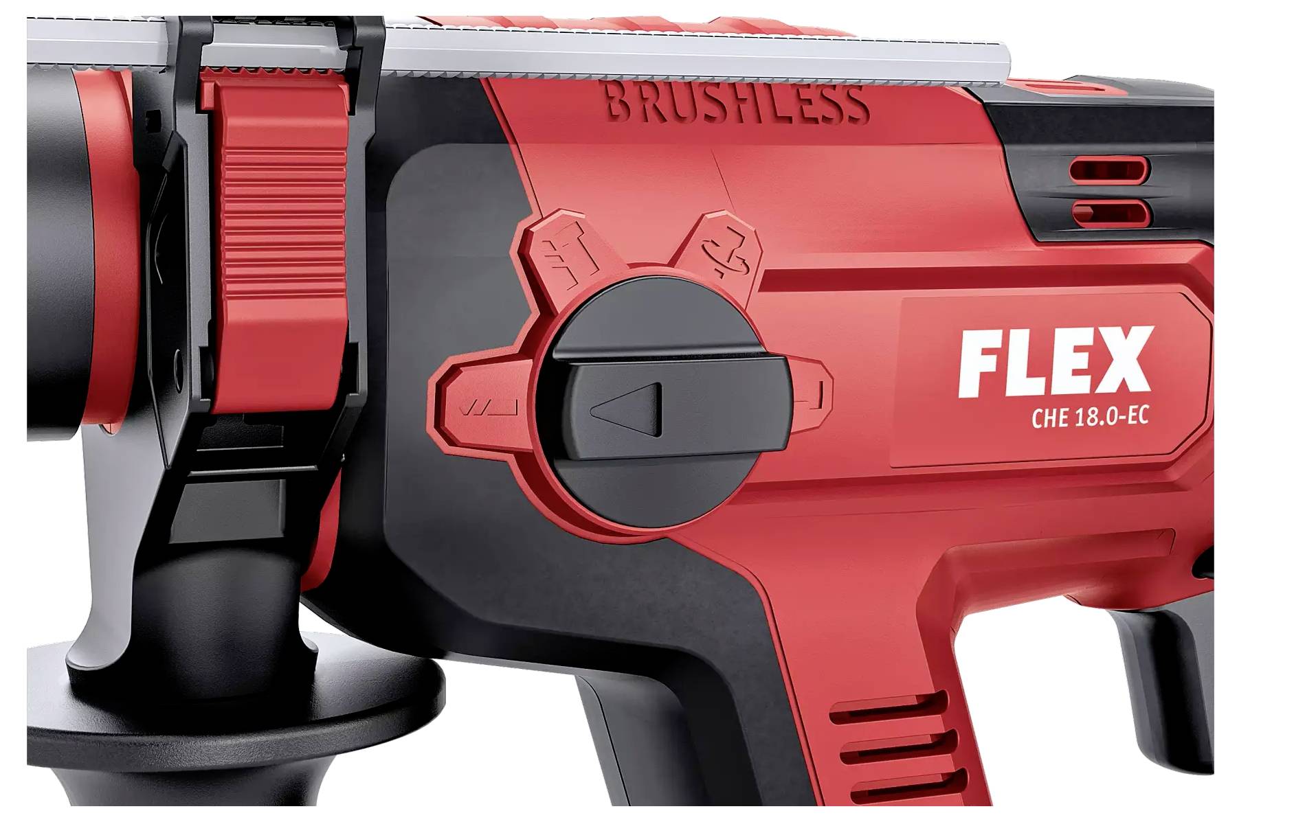 Červený elektrický příklepový vrtací kladivos nápisem 'FLEX CHE 18.0-EC' a 'BRUSHLESS' nahoře. Ukazuje ovládací prvky a rukojeti.