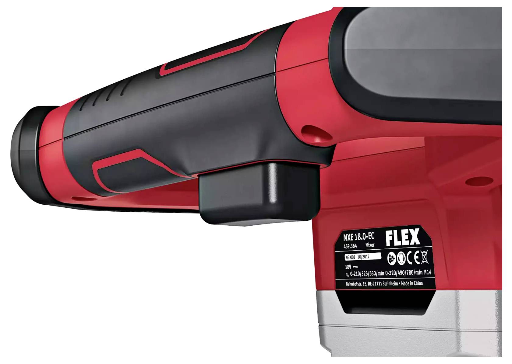 Červená elektrická bruska značky FLEX. Označení přístroje a bezpečnostní štítky jsou viditelné. Detailní pohled na nástroj.