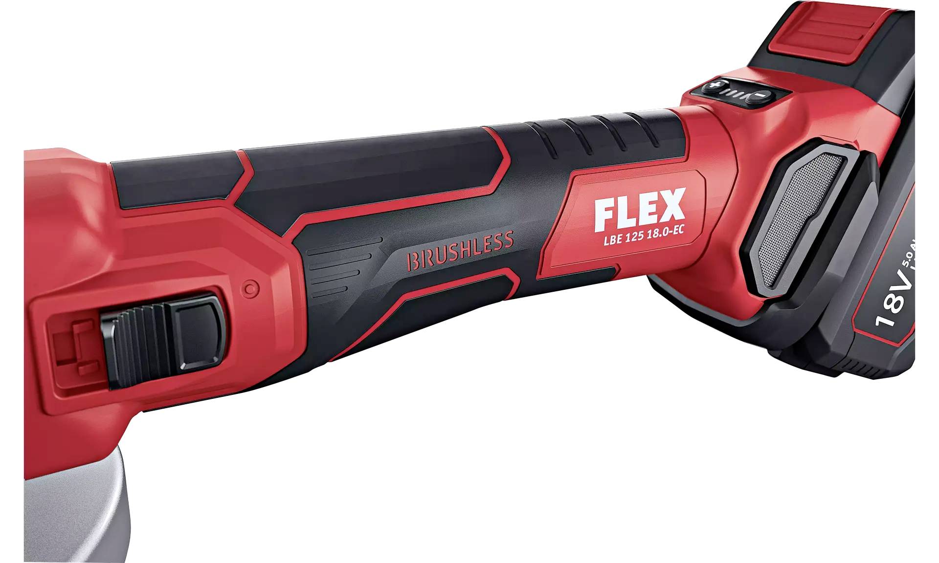 Červená a černá úhlová bruska s nápisem 'FLEX EB 125 18.0-EC Brushless', vlevo je vidět spínač.