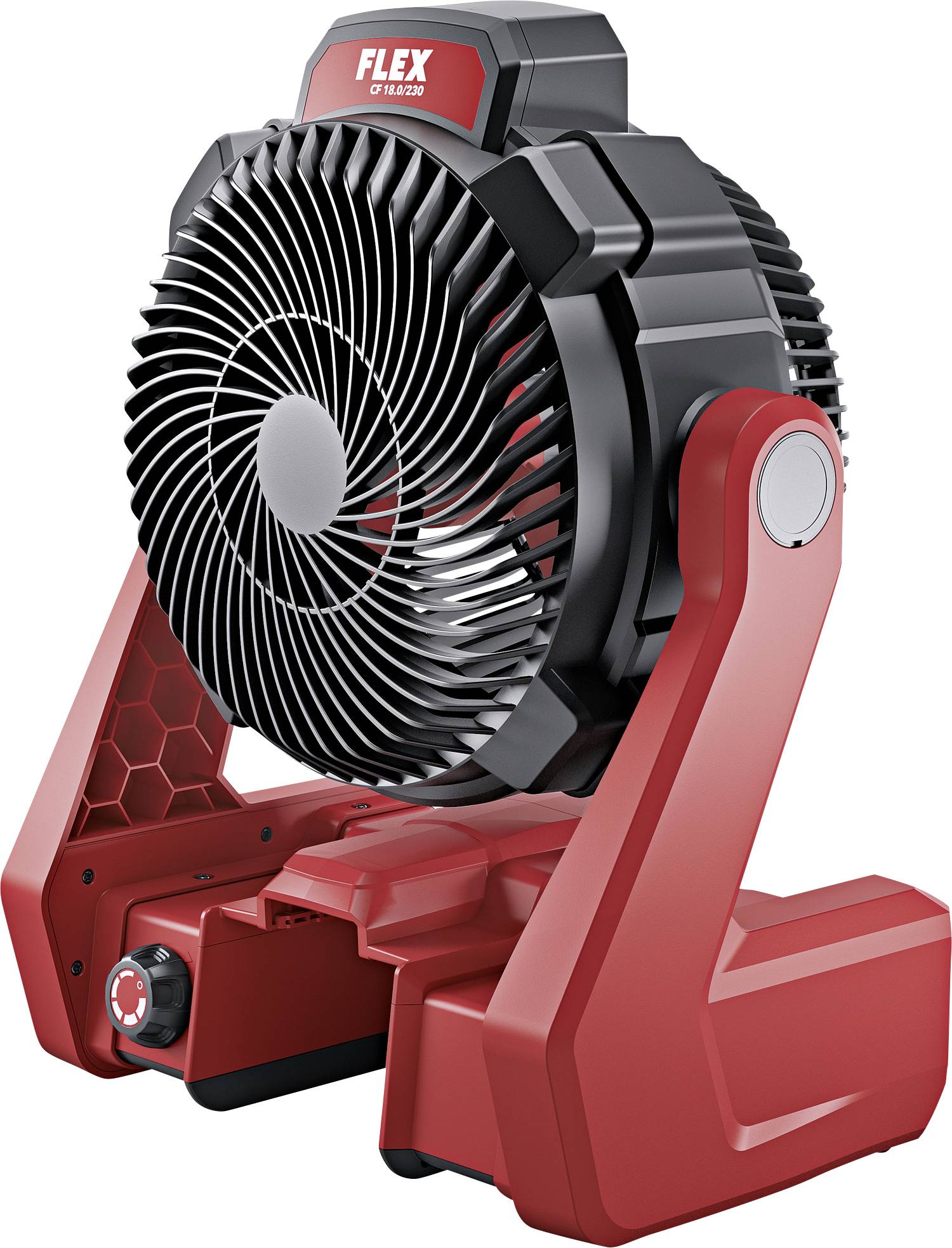 Flex Ventilátor: Výkonný, červený, přenosný ventilátor s nastavitelnou hlavou a robustní konstrukcí pro efektivní cirkulaci vzduchu.