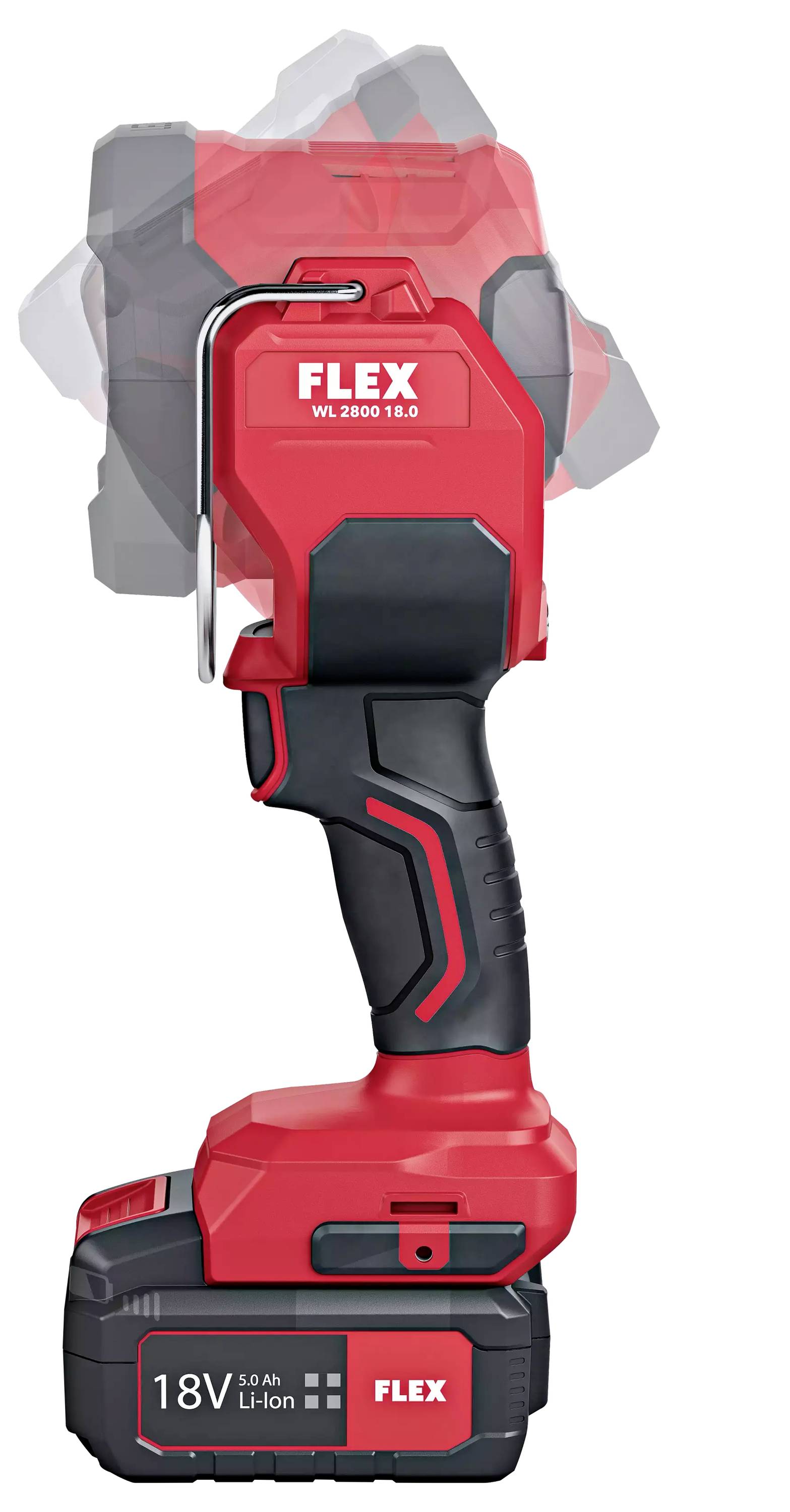 Bezdrátová červená ruční svítilna s nastavitelnou hlavou, označení 'FLEX' a lithium-iontovou baterií 18V.