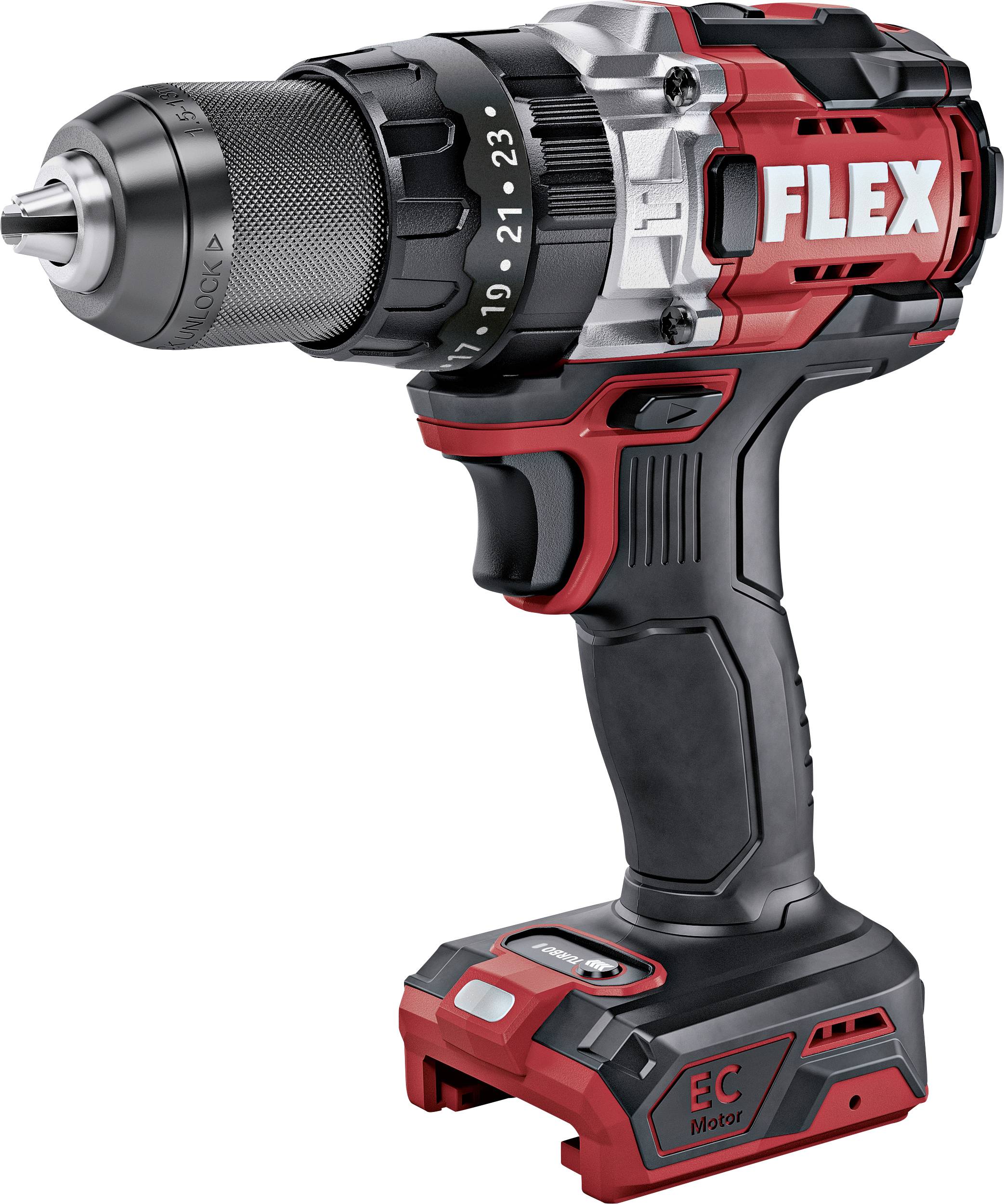 Aku vrtačka v červené a černé barvě s nápisem 'FLEX' na boku. Má robustní design a je bezdrátová.