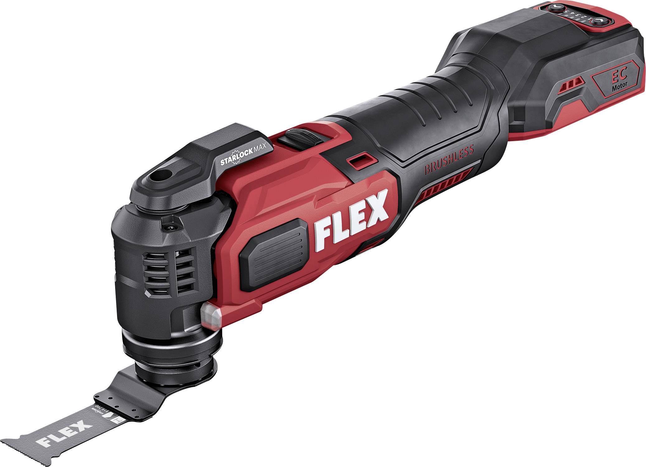 Červeno-černý multifunkční nástroj značky Flex s několika nástavci a ergonomickou rukojetí leží na bílém pozadí.