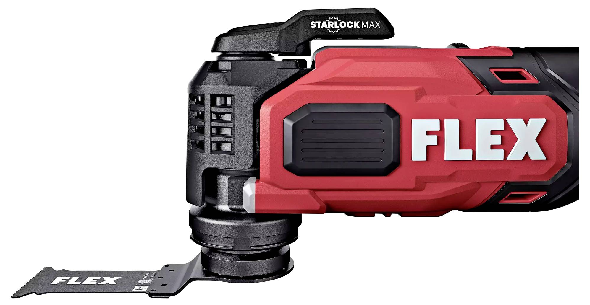 Multifunkční nástroj, červeno-černé barevné provedení, nápis 'FLEX', nástavec nástroje s systémem Starlock Max pro různé použití.