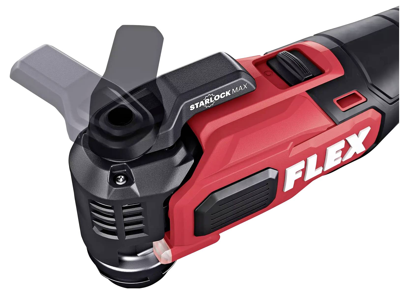 Červený flexibilní elektrický nástroj s černou nástavkou pro přesné řezání nebo broušení. Modelový text: 'Starlock Max'.