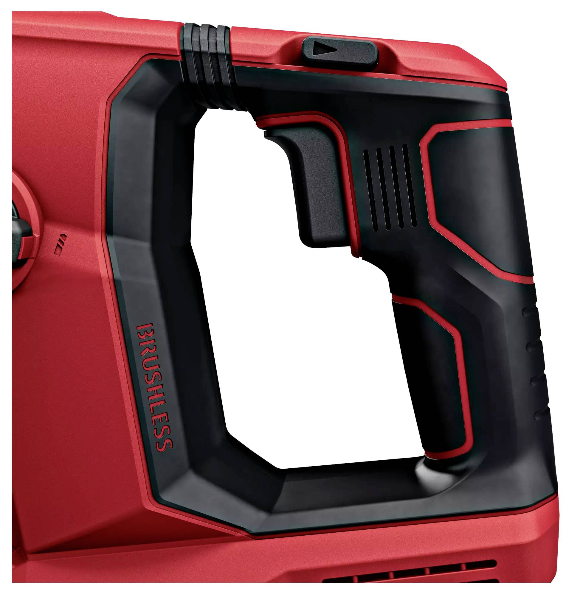 Červený a černý úchop elektrostroje s nápisem 'BRUSHLESS'. Ergonomický design pro pohodlné ovládání.