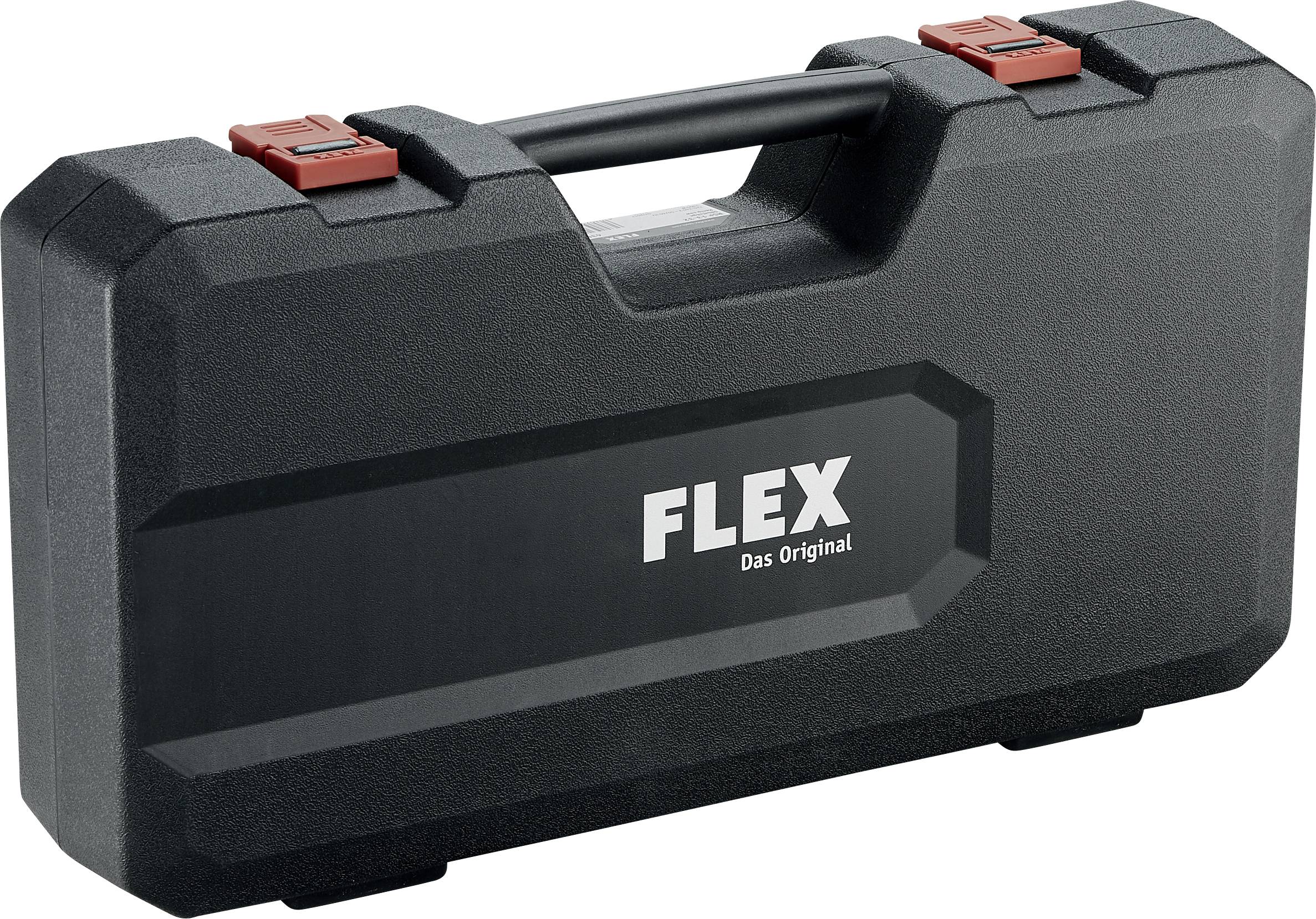 Černý kufr na nářadí s bílým logem 'FLEX Originál' a červeným zámkem. Nahoře je rukojeť pro přenášení.