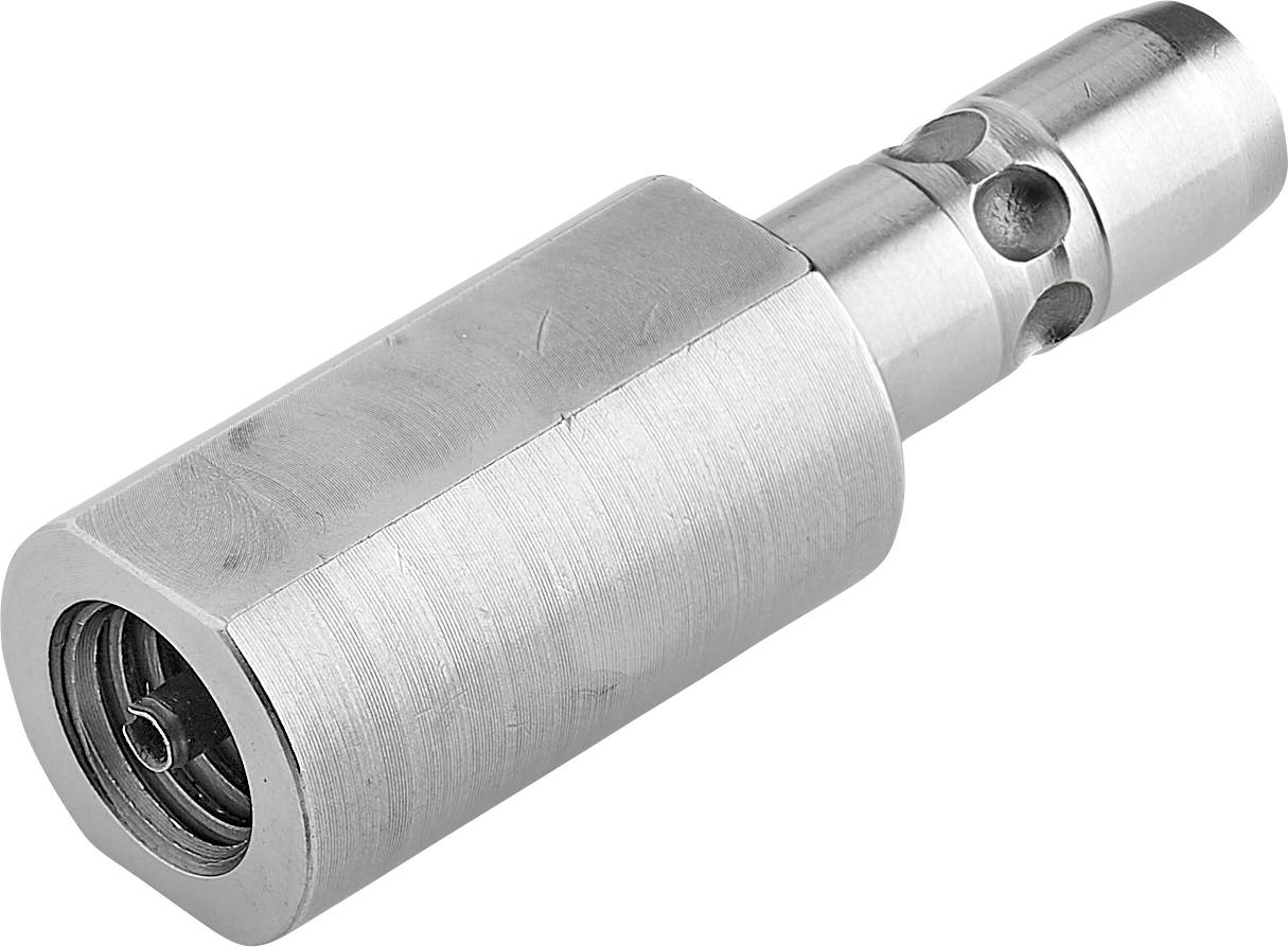 Kovový adaptér s válcovým a obdélníkovým tvarem, vhodný pro technické spoje nebo strojní součásti.