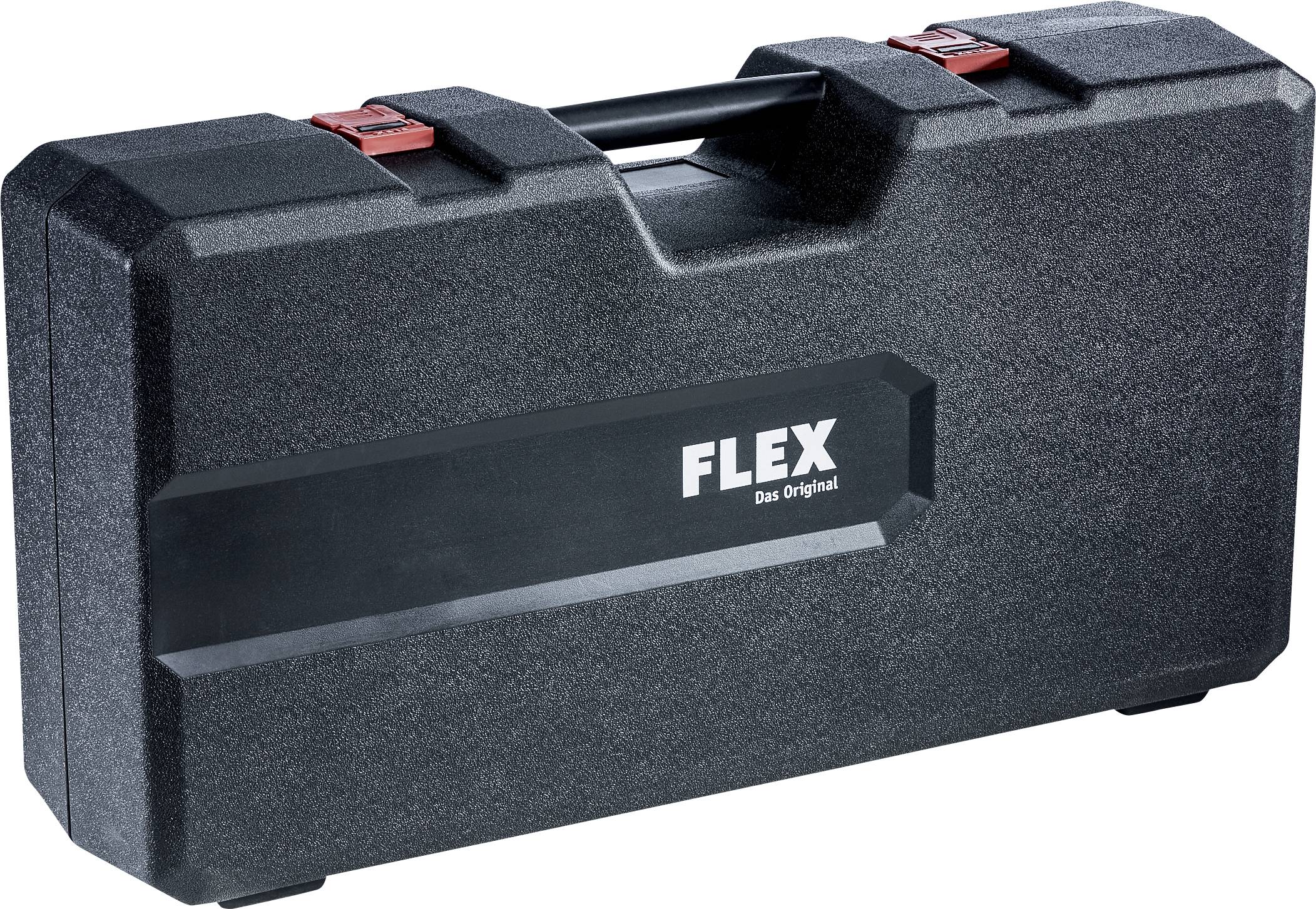 Černý kufřík na nářadí s červeným zámkem, nápis "FLEX Originál".