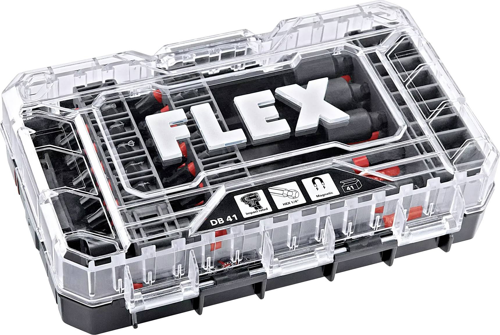 Průhledný plastový box s černou základnou obsahující nářadí značky 'FLEX'. Na přední straně jsou zobrazeny symboly nářadí a modelové číslo 'DB 41'.