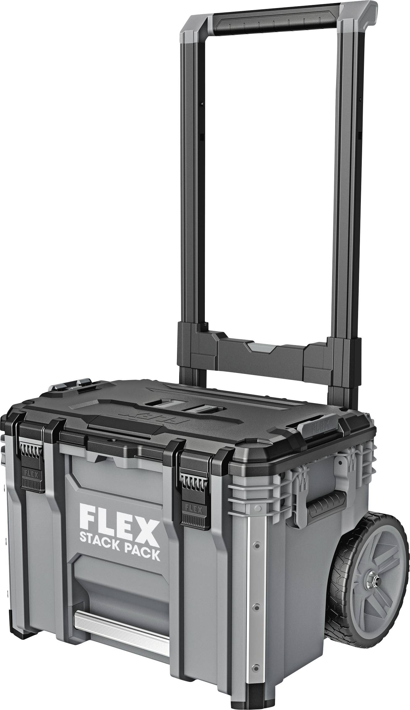 Šedý kufřík na nářadí na kolečkách s teleskopickou rukojetí, označený nápisem 'FLEX STACK PACK', určený pro pohodlný transport nářadí.