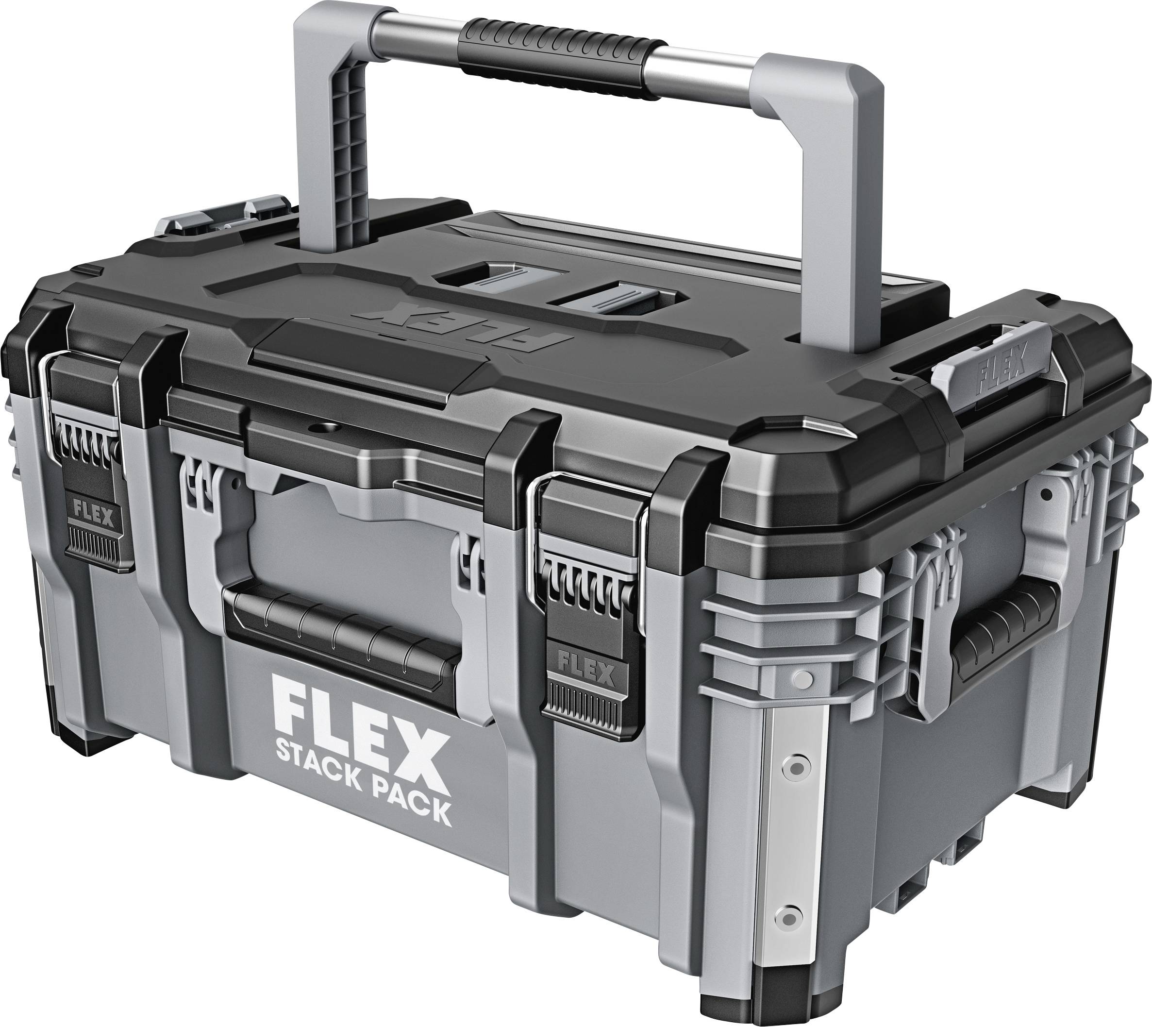 "FLEX STACK PACK" transportní kufr na nářadí, šedo-černý, vyrobený z odolného plastu, s držadly a uzavíracími sponkami.