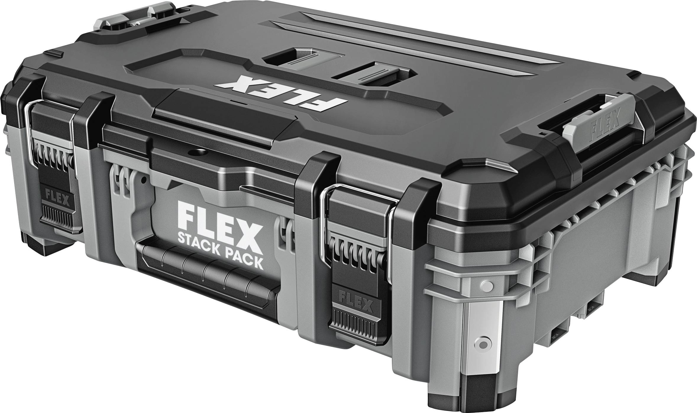 Stohovatelný kufřík na nářadí s nápisem 'FLEX STACK PACK', vhodný pro uskladnění a přepravu nářadí.