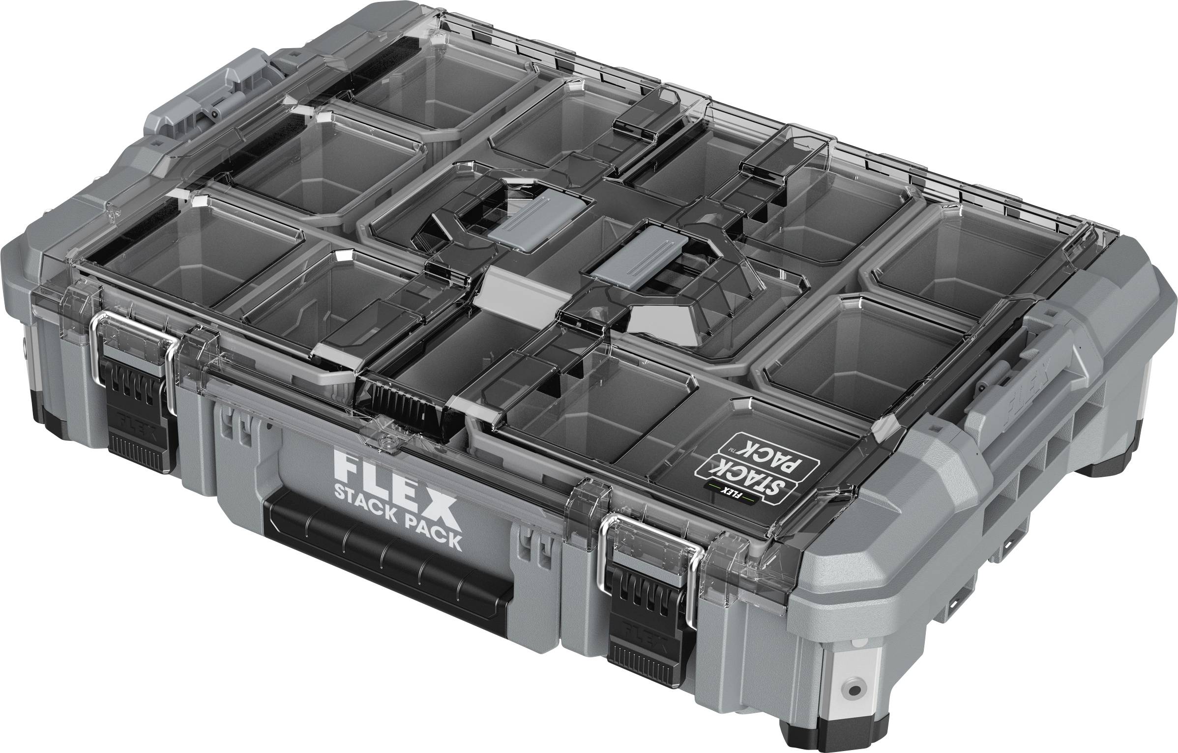 Transparentní, robustní box na nářadí s několika oddíly pro uskladnění. Nápis 'FLEX STACK PACK'. Vhodný pro nástroje.