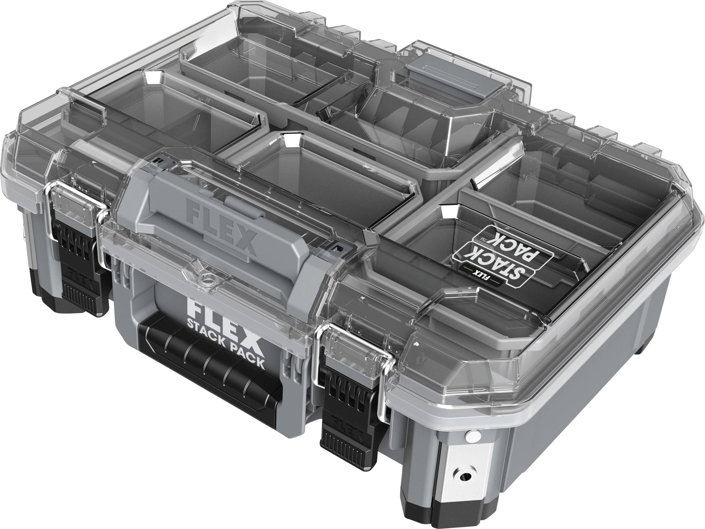 Šedý plastový kufřík s průhledným víkem a několika přihrádkami, na kterém je nápis 'FLEX STACK PACK'. Ideální pro uchovávání nářadí.
