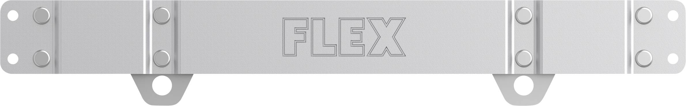 Stříbrná kovová část s vyražením 'FLEX', s čepy na koncích a dvěma upevňovacími oky dole.