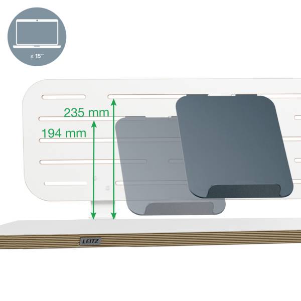 Stojan na monitor od Leitz; vhodný pro monitory do 15 palců; výška 235 mm, šířka 194 mm; šedá police na světlém povrchu.