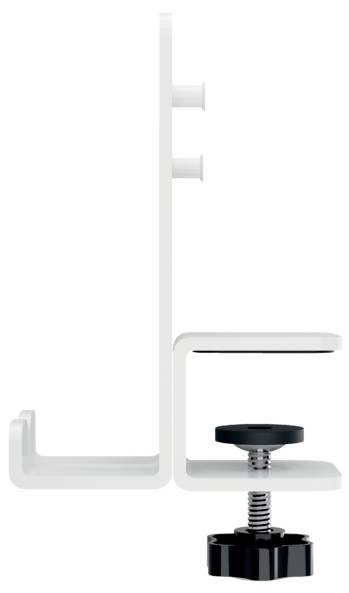 Boční pohled na bílý stolní držák, nastavitelný šroubový mechanismus pro upevnění na hranu stolu, funkční design.