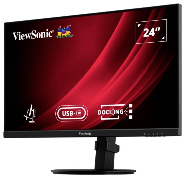 Monitor ViewSonic s 24palcovou obrazovkou, červeným pozadím, symboly USB-C a docking stanice.