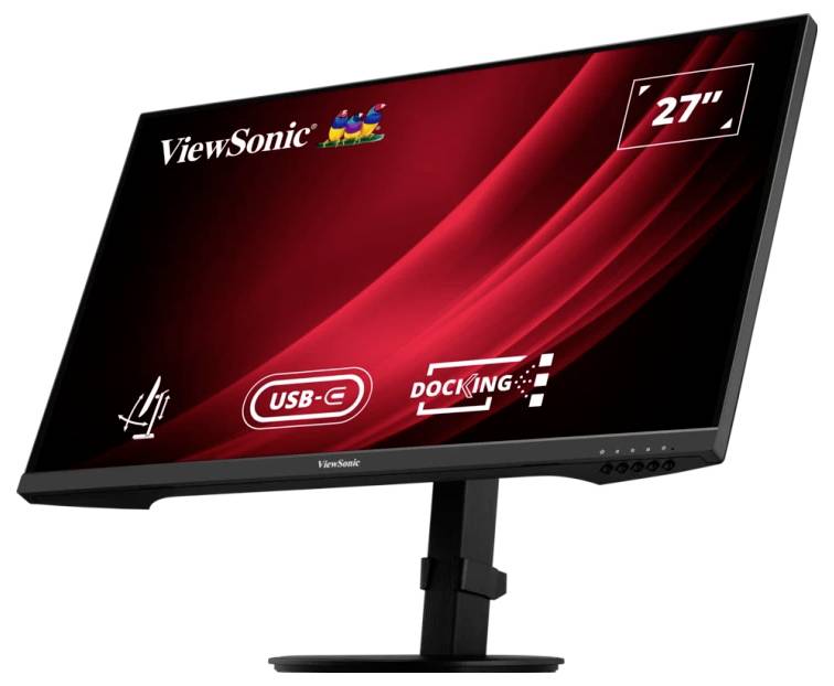 Monitor ViewSonic, 27 palců, ultratenký, s červeným pozadím, podporuje USB-C a dokovací stanici, stojí na černém stojanu.