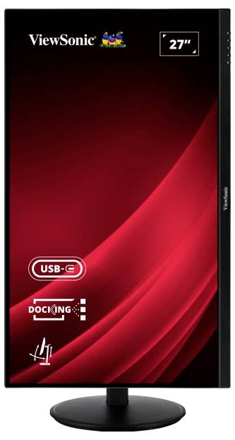 27palcový monitor ViewSonic v na výšku orientované poloze s připojením USB-C a dokovací funkcí, vhodný pro rychlou obnovu obrazu.