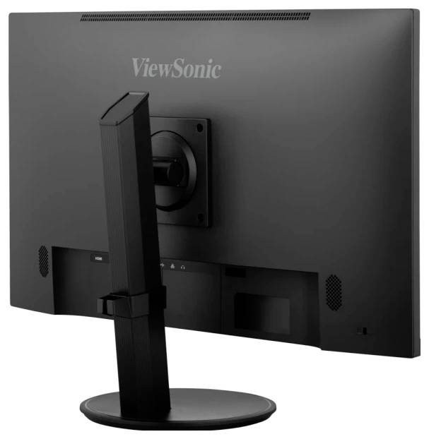 Zadní pohled na černý počítačový monitor značky ViewSonic se stabilní podstavou.
