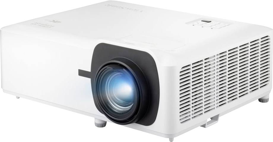 Moderní bílý projektor s velkým objektivem, který vyzařuje modravé světlo; vhodný pro prezentace nebo domácí kino.