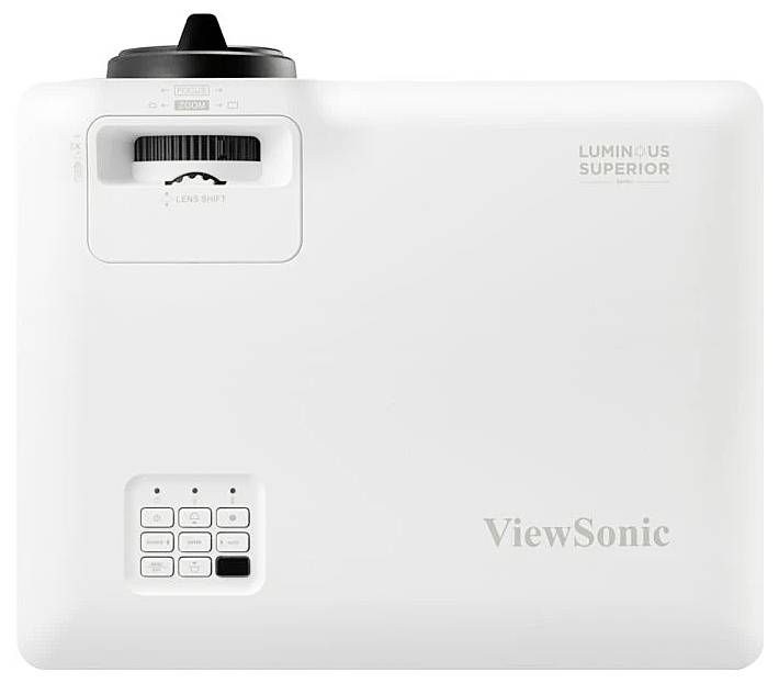 Projektor pohledem shora s černým nastavovacím kolečkem vlevo, popisy "Luminous Superior" a "ViewSonic", ovládací panel dole.