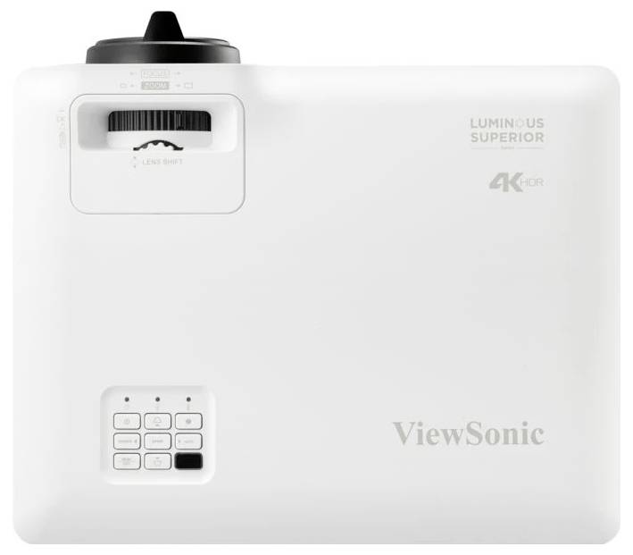 Bílý projektor ViewSonic ve 4K rozlišení s ovládacími tlačítky a nastavením zaostření, vhodný pro vysoce kvalitní prezentace.