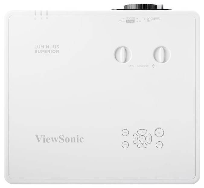 Bílý projektor od ViewSonic s nápisem 'Luminous Superior', s otočnými ovladači a tlačítky pro ovládání na horní straně.