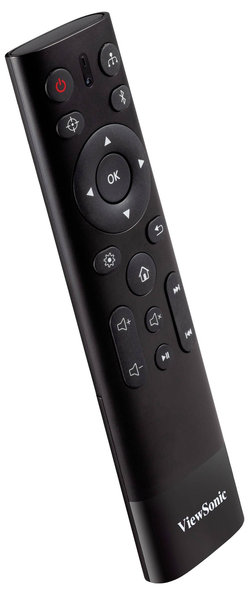 Černálkové dálkové ovládání značky ViewSonic s několika tlačítky, včetně tlačítka 'OK', ovládání hlasitosti a ovládání přehrávání.