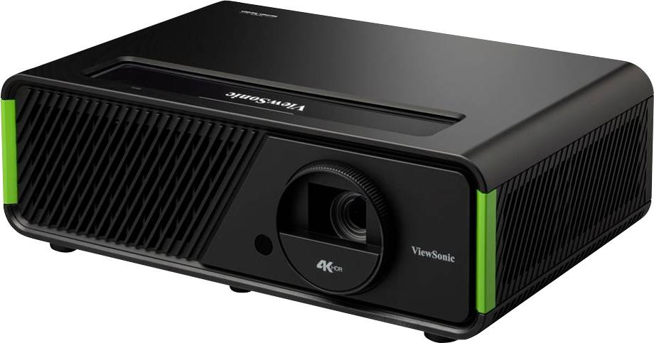 Černý projektor od ViewSonic s nápisem "4K" na přední straně, vhodný pro vysoce kvalitní projekce.