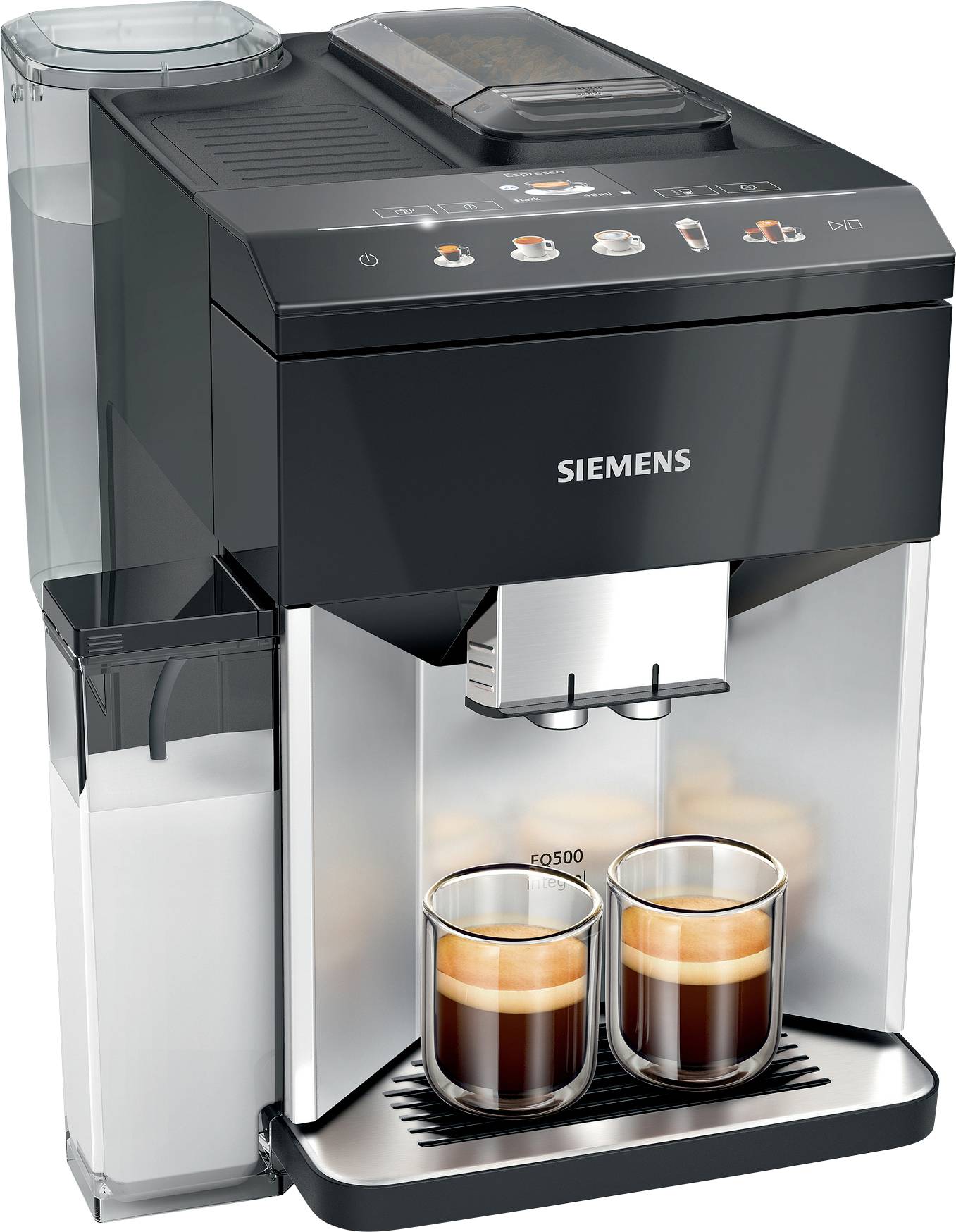 Automatický kávovar Siemens se dvěma připravenými sklenicemi espressa pod ním.