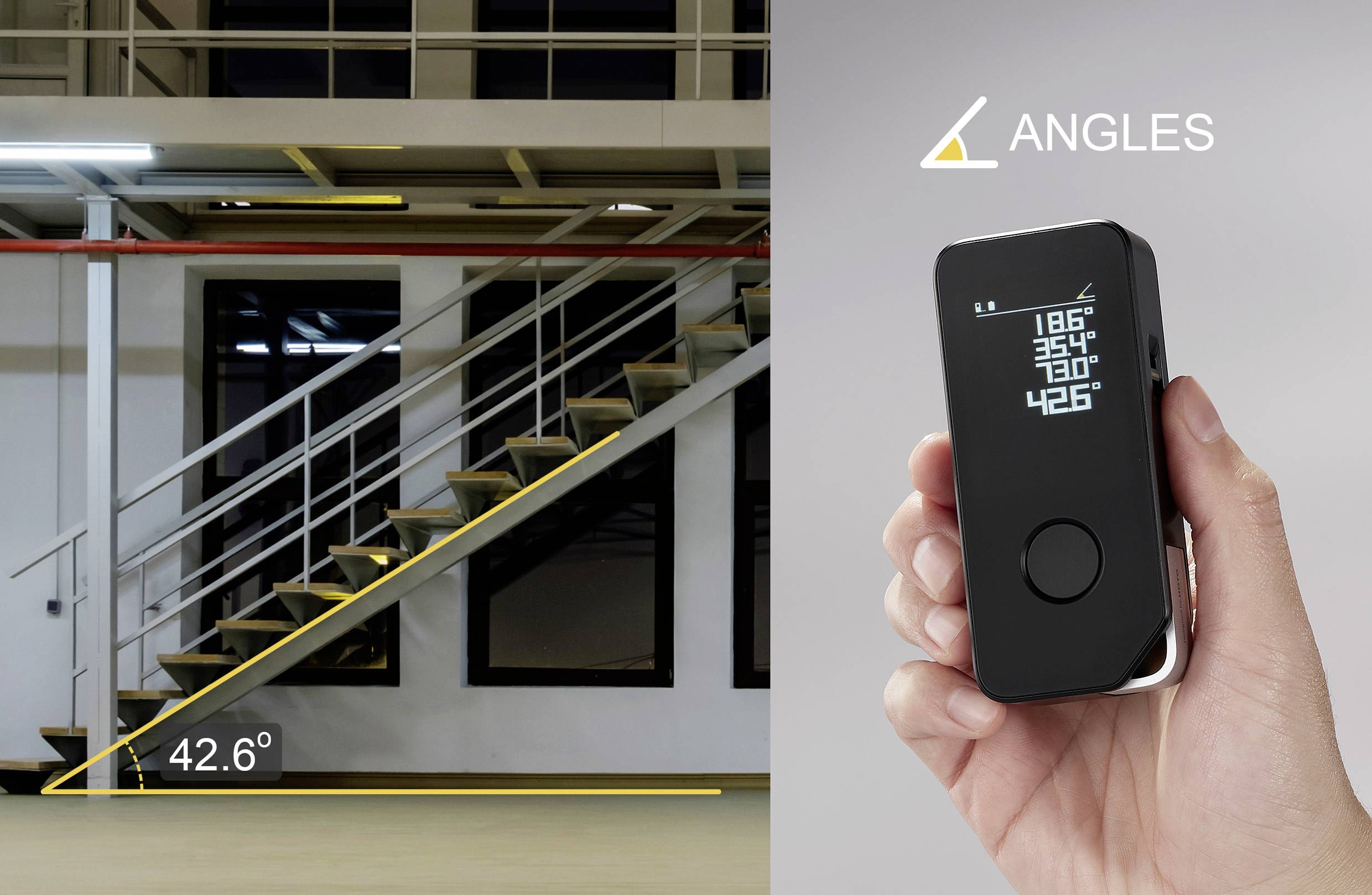 Vlevo schodiště se sklonem 42,6 stupňů. Vpravo ruka drží přístroj zobrazující různé úhly.